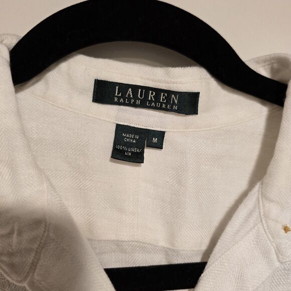 Lauren Ralph Lauren Womens 100% Linen Blouse Shirt Sz M White Embroidered Crest - Picture 10 of 10